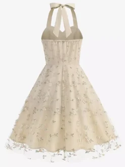 Robe midi fleurie vintage années 1950 pour femme - Robe d'été trapèze en maille brodée à col halter - Idéale pour un mariage printanier au jardin (2026)