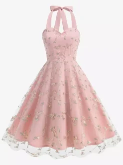 Robe midi fleurie vintage années 1950 pour femme - Robe d'été trapèze en maille brodée à col halter - Idéale pour un mariage printanier au jardin (2026)