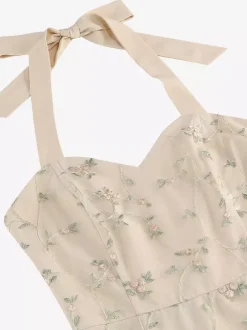 Robe midi fleurie vintage années 1950 pour femme - Robe d'été trapèze en maille brodée à col halter - Idéale pour un mariage printanier au jardin (2026)