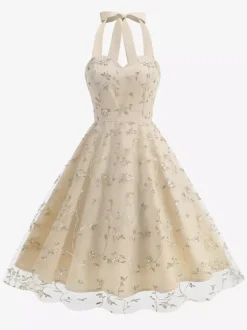 Robe midi fleurie vintage années 1950 pour femme - Robe d'été trapèze en maille brodée à col halter - Idéale pour un mariage printanier au jardin (2026)
