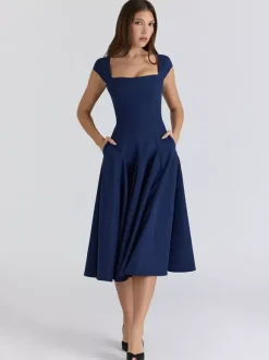Robe midi élégante à col carré et coupe trapèze pour femme - Robe d'été vintage sans manches cintrée et évasée - Idéale pour les invités aux mariages d'été et les cocktails (collection 2026)