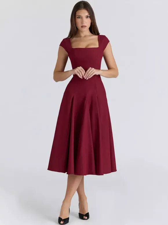Robe midi élégante à col carré et coupe trapèze pour femme - Robe d'été vintage sans manches cintrée et évasée - Idéale pour les invités aux mariages d'été et les cocktails (collection 2026)