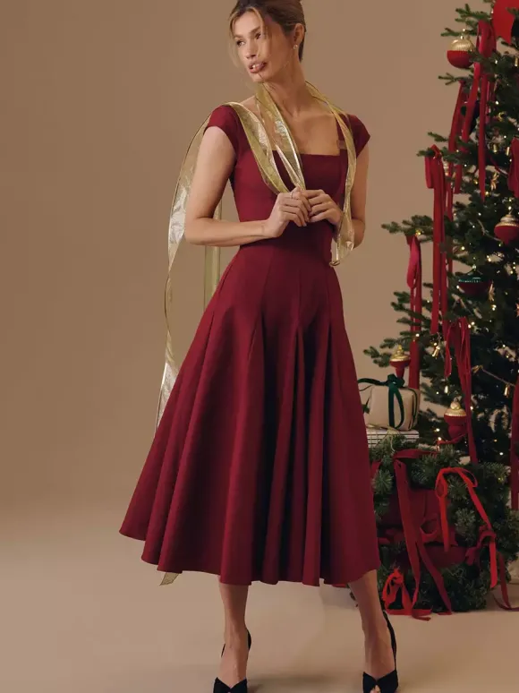 Robe midi élégante à col carré et coupe trapèze pour femme - Robe d'été vintage sans manches cintrée et évasée - Idéale pour les invités aux mariages d'été et les cocktails (collection 2026)