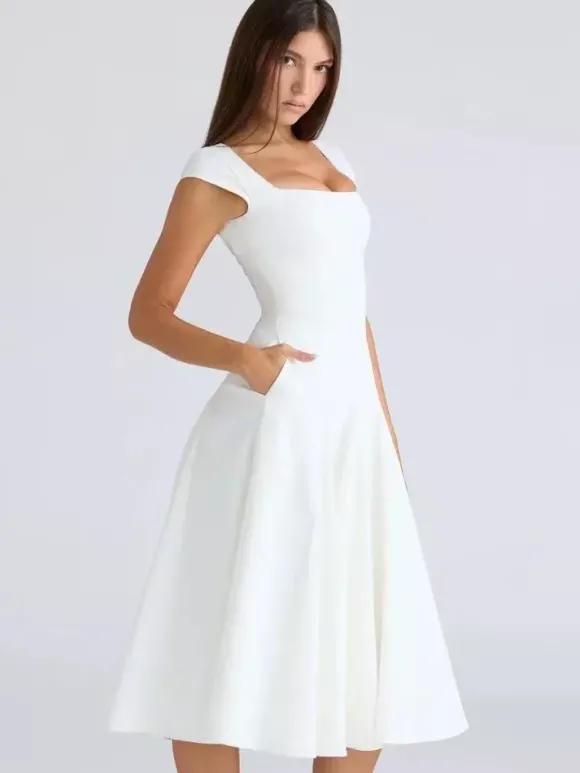 Robe midi élégante à col carré et coupe trapèze pour femme - Robe d'été vintage sans manches cintrée et évasée - Idéale pour les invités aux mariages d'été et les cocktails (collection 2026)