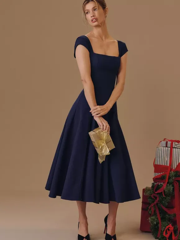 Robe midi élégante à col carré et coupe trapèze pour femme - Robe d'été vintage sans manches cintrée et évasée - Idéale pour les invités aux mariages d'été et les cocktails (collection 2026)