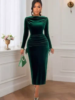 Robe midi à manches longues froncées en velours vert émeraude pour femme 2026