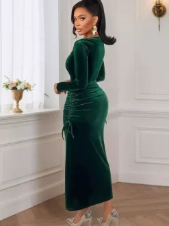 Robe midi à manches longues froncées en velours vert émeraude pour femme 2026