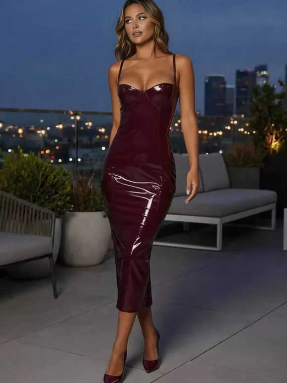 Robe midi moulante en cuir éco-responsable sexy pour femmes 2026