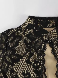 Robe midi moulante en dentelle pour femme - Robe fourreau noire vintage à manches cloche et fente au dos - Idéale pour un cocktail de printemps 2026