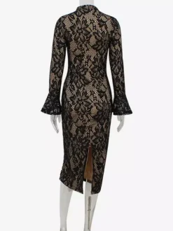 Robe midi moulante en dentelle pour femme - Robe fourreau noire vintage à manches cloche et fente au dos - Idéale pour un cocktail de printemps 2026