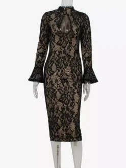 Robe midi moulante en dentelle pour femme - Robe fourreau noire vintage à manches cloche et fente au dos - Idéale pour un cocktail de printemps 2026