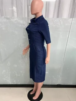 Robe midi moulante en jean délavé pour femme - Robe crayon bleue cintrée à boutons - Collection printemps-été 2026