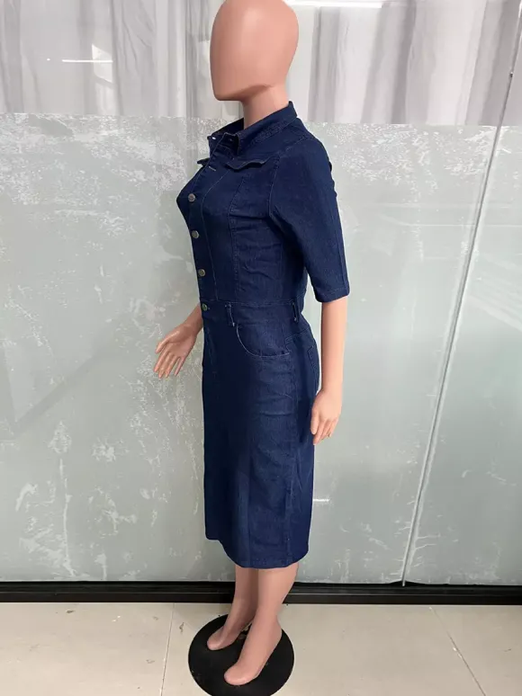 Robe midi moulante en jean délavé pour femme - Robe crayon bleue cintrée à boutons - Collection printemps-été 2026