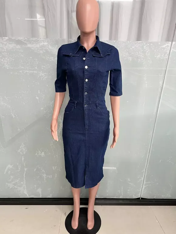 Robe midi moulante en jean délavé pour femme - Robe crayon bleue cintrée à boutons - Collection printemps-été 2026