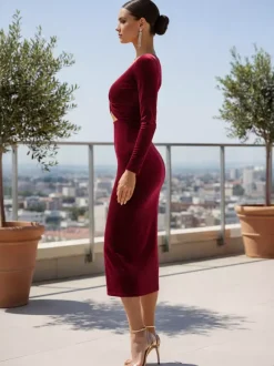 Robe midi moulante sexy en velours Bargendy à découpes et manches longues pour femme 2026