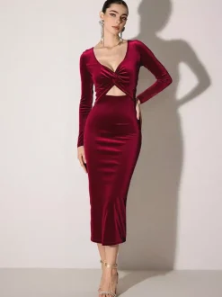Robe midi moulante sexy en velours Bargendy à découpes et manches longues pour femme 2026