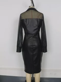 Robe midi noire à manches bouffantes col en V en similicuir et patchwork de maille coupe ajustée collection femme 2026
