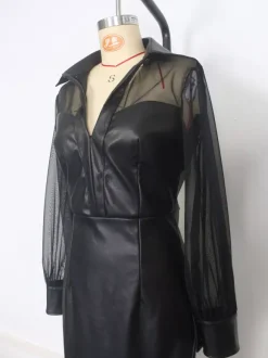 Robe midi noire à manches bouffantes col en V en similicuir et patchwork de maille coupe ajustée collection femme 2026