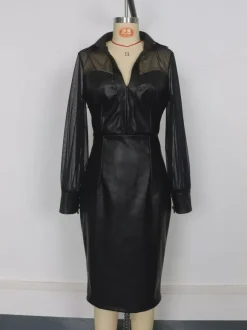 Robe midi noire à manches bouffantes col en V en similicuir et patchwork de maille coupe ajustée collection femme 2026
