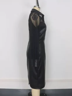 Robe midi noire à manches bouffantes col en V en similicuir et patchwork de maille coupe ajustée collection femme 2026