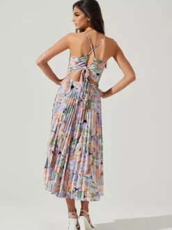 Robe midi plissée à fleurs pour femme - Robe bohème à col en V et fines bretelles coupe évasée - Collection été plage 2026