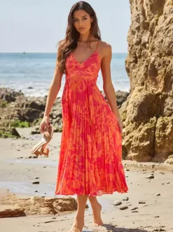 Robe midi plissée à fleurs pour femme - Robe bohème à col en V et fines bretelles coupe évasée - Collection été plage 2026