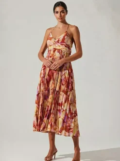 Robe midi plissée à fleurs pour femme - Robe bohème à col en V et fines bretelles coupe évasée - Collection été plage 2026
