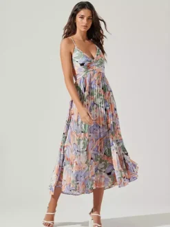 Robe midi plissée à fleurs pour femme - Robe bohème à col en V et fines bretelles coupe évasée - Collection été plage 2026