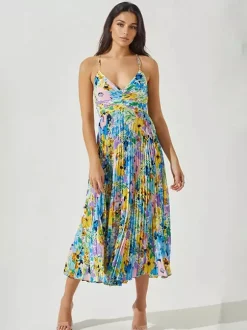 Robe midi plissée à fleurs pour femme - Robe bohème à col en V et fines bretelles coupe évasée - Collection été plage 2026