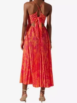 Robe midi plissée à fleurs pour femme - Robe bohème à col en V et fines bretelles coupe évasée - Collection été plage 2026