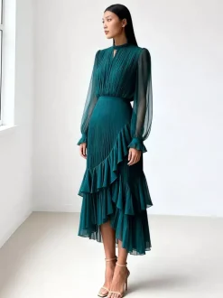 Robe midi plissée élégante pour femme - Robe en mousseline à volants superposés - Tenue d'invitée de mariage printanier 2026