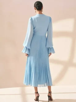 Robe midi plissée élégante pour femme - Robe en mousseline à volants superposés - Tenue d'invitée de mariage printanier 2026