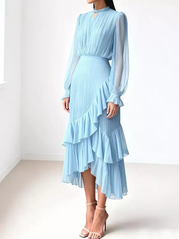 Robe midi plissée élégante pour femme - Robe en mousseline à volants superposés - Tenue d'invitée de mariage printanier 2026