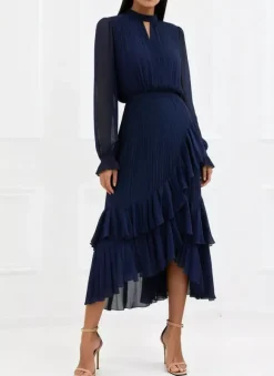 Robe midi plissée élégante pour femme - Robe en mousseline à volants superposés - Tenue d'invitée de mariage printanier 2026