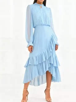 Robe midi plissée élégante pour femme - Robe en mousseline à volants superposés - Tenue d'invitée de mariage printanier 2026
