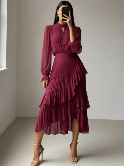 Robe midi plissée élégante pour femme - Robe en mousseline à volants superposés - Tenue d'invitée de mariage printanier 2026