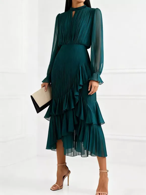 Robe midi plissée élégante pour femme - Robe en mousseline à volants superposés - Tenue d'invitée de mariage printanier 2026
