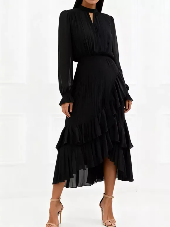 Robe midi plissée élégante pour femme - Robe en mousseline à volants superposés - Tenue d'invitée de mariage printanier 2026