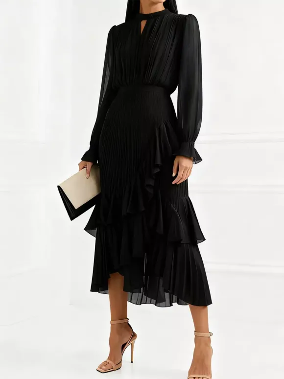 Robe midi plissée élégante pour femme - Robe en mousseline à volants superposés - Tenue d'invitée de mariage printanier 2026
