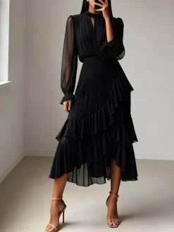 Robe midi plissée élégante pour femme - Robe en mousseline à volants superposés - Tenue d'invitée de mariage printanier 2026