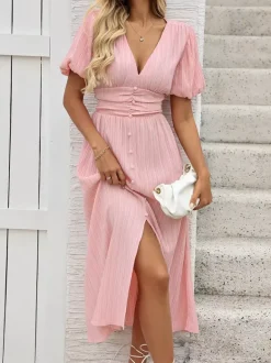 Robe midi rose pastel pour femme - Manches bouffantes buste froncé boutonnage sur le devant taille haute évasée - Été 2026