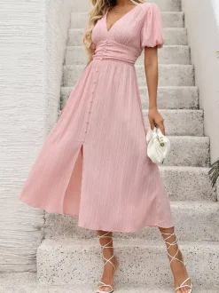 Robe midi rose pastel pour femme - Manches bouffantes buste froncé boutonnage sur le devant taille haute évasée - Été 2026