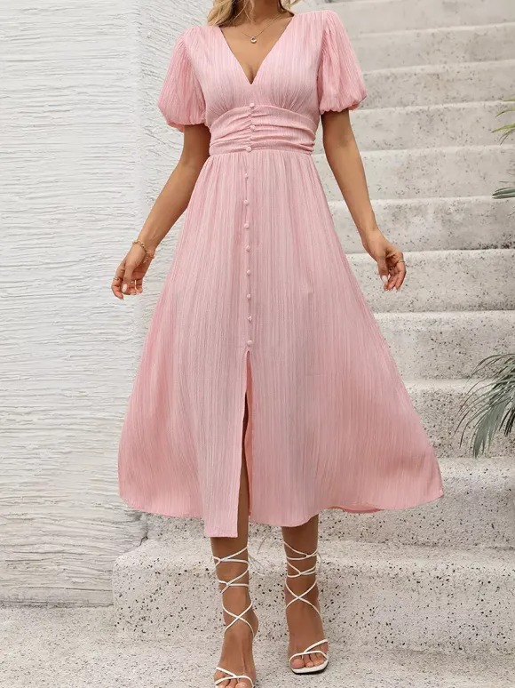 Robe midi rose pastel pour femme - Manches bouffantes buste froncé boutonnage sur le devant taille haute évasée - Été 2026