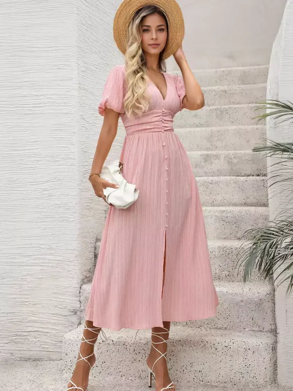 Robe midi rose pastel pour femme - Manches bouffantes buste froncé boutonnage sur le devant taille haute évasée - Été 2026