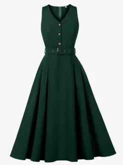 Robe midi sans manches à col en V et ceinture pour femme coupe trapèze boutonnée sur le devant