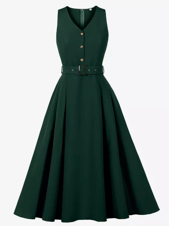 Robe midi sans manches à col en V et ceinture pour femme coupe trapèze boutonnée sur le devant