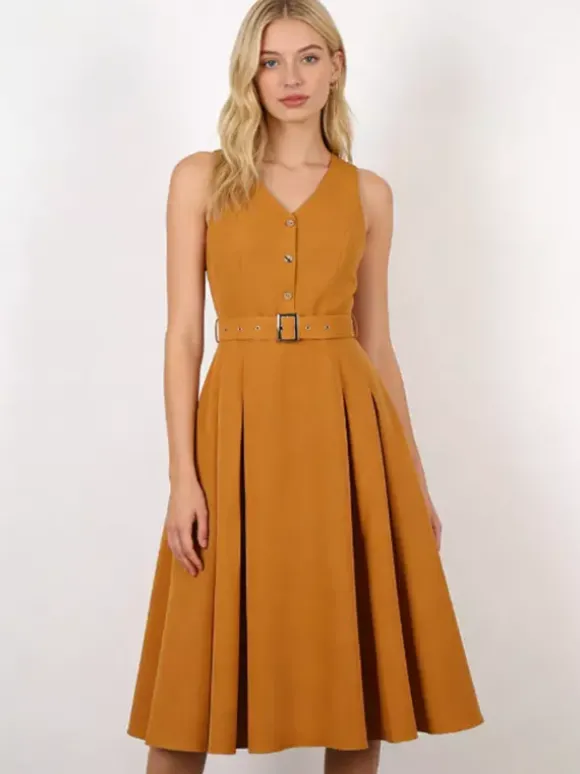 Robe midi sans manches à col en V et ceinture pour femme coupe trapèze boutonnée sur le devant