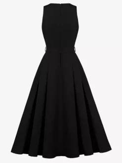 Robe midi sans manches à col en V et ceinture pour femme coupe trapèze boutonnée sur le devant