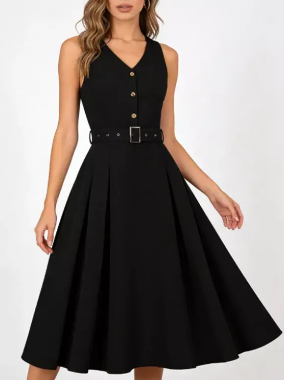 Robe midi sans manches à col en V et ceinture pour femme coupe trapèze boutonnée sur le devant
