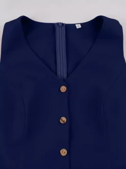 Robe midi sans manches à col en V et ceinture pour femme coupe trapèze boutonnée sur le devant